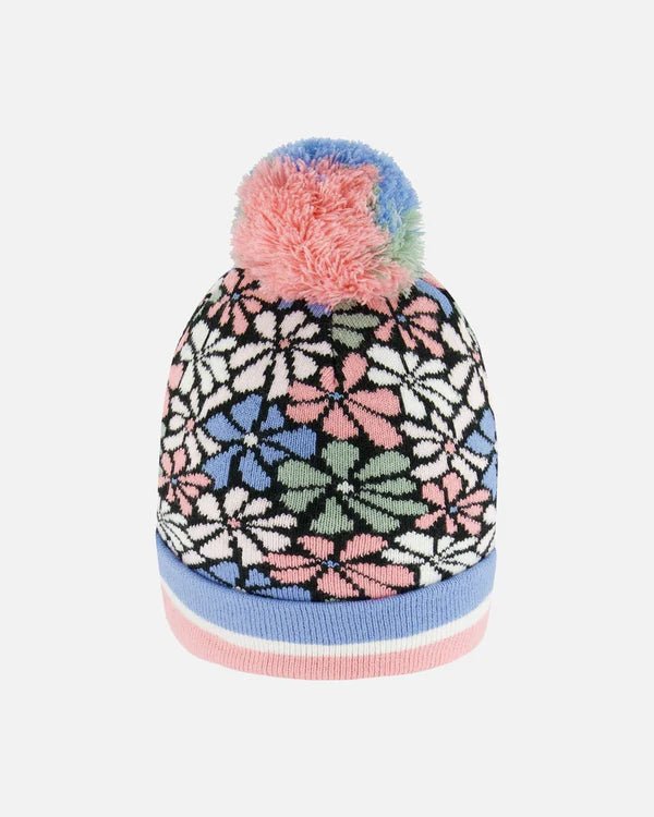 Deux par Deux - Knit Hat Blue, Pink And White Retro Flowers - Two Giraffes Children's Footwear