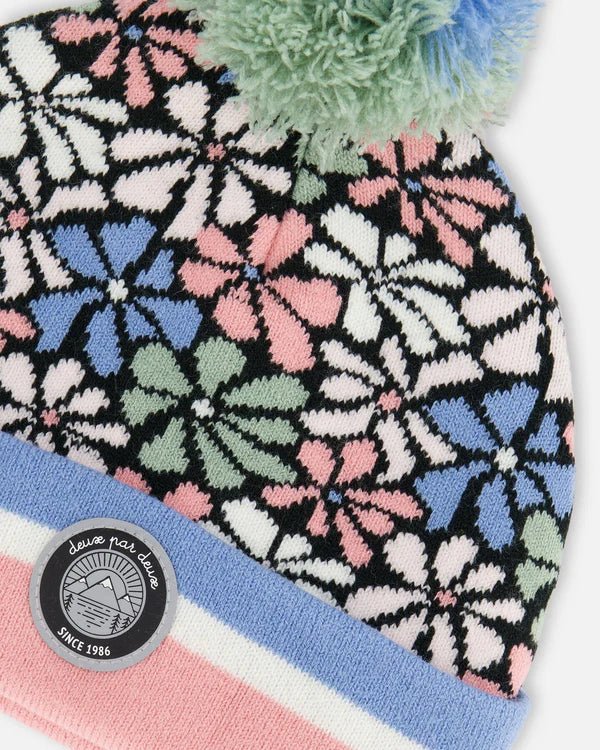 Deux par Deux - Knit Hat Blue, Pink And White Retro Flowers - Two Giraffes Children's Footwear