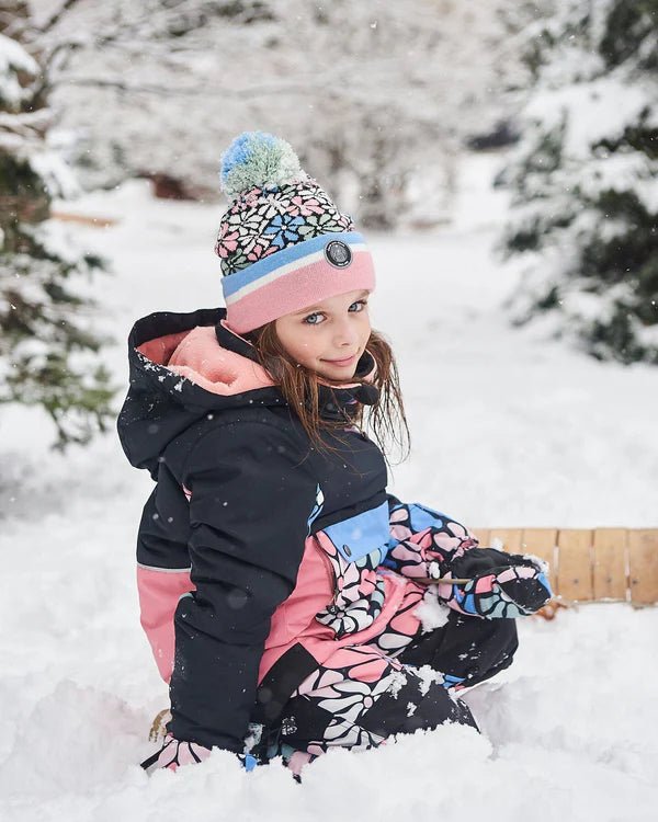 Deux par Deux - Knit Hat Blue, Pink And White Retro Flowers - Two Giraffes Children's Footwear