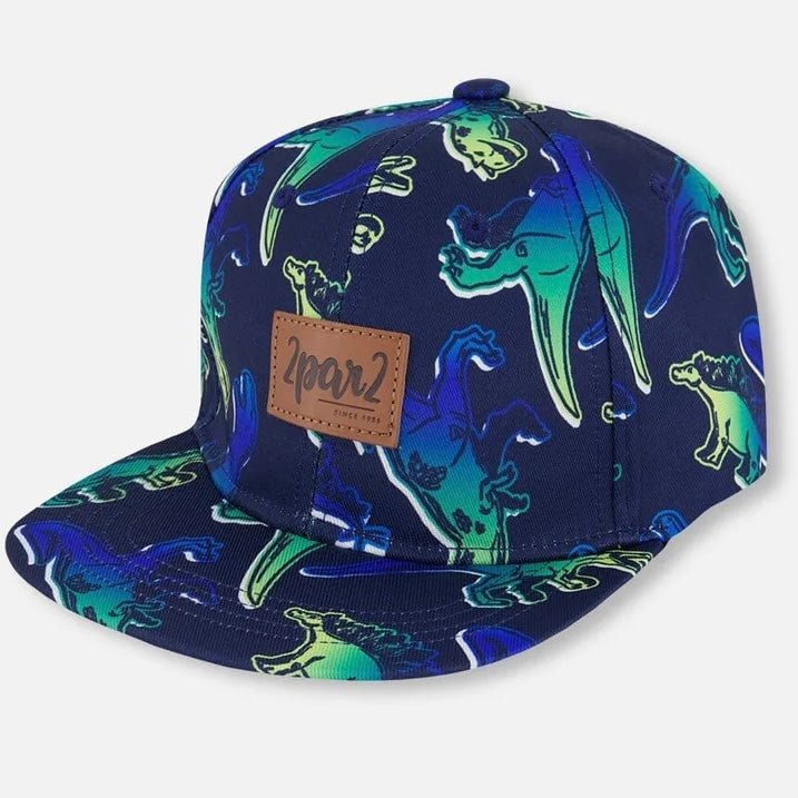 Deux par Deux - Printed Cap Blue And Green Dino On Navy - Two Giraffes Children's Footwear